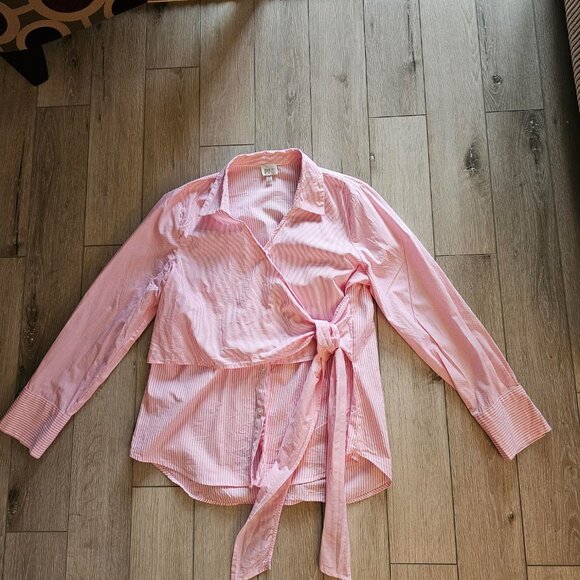 CUPIO Pink White Stripe Wrap Side Bow Button Down Shirt Long Sleeve Blouse Sz L - Picture 2 of 8